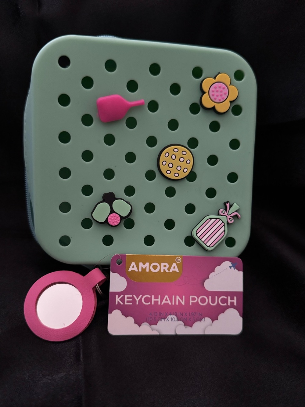 Mint Green Silicone Keychain Pouch with Cute Charm Pins